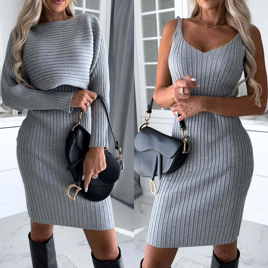 2Pcs Suit Women'S Solid Stripe Long-Sleeved Top and Tight Suspender Skirt Fashion